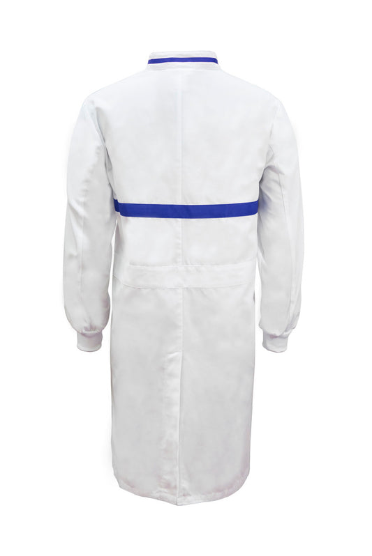 WJ3197 Food Industry Long Length Dustcoat With Mandarin Collar, Contrast Trims On Collar And Chest, Long Sleeve With Cuff