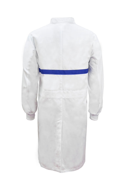 WJ3198 Food Industry Long Length Dustcoat With Mandarin Collar, Contrast Trims On Chest