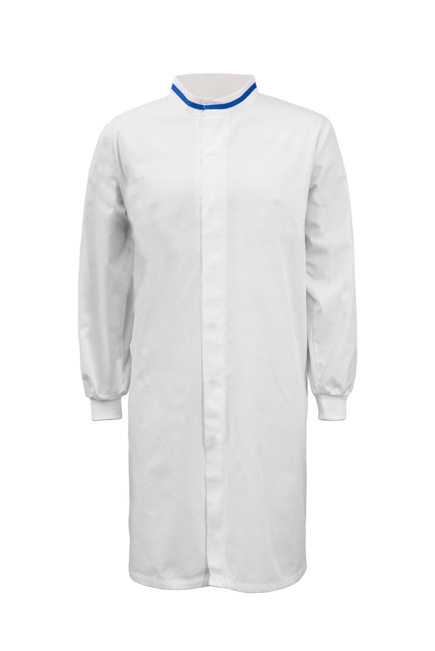 WJ3199 Food Industry Long Length Dustcoat With Mandarin Collar, Contrast Trims On Collar