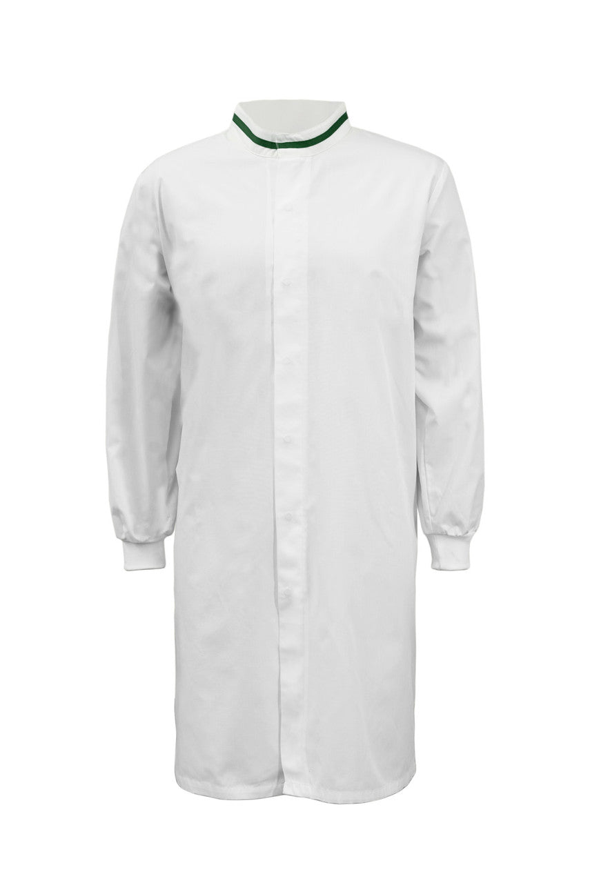 WJ3199 Food Industry Long Length Dustcoat With Mandarin Collar, Contrast Trims On Collar