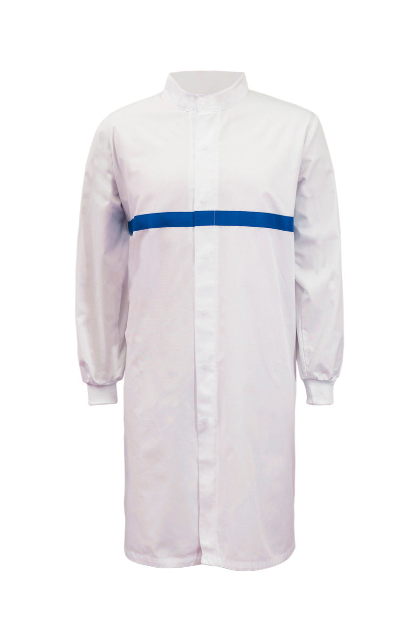 WJ3198 Food Industry Long Length Dustcoat With Mandarin Collar, Contrast Trims On Chest