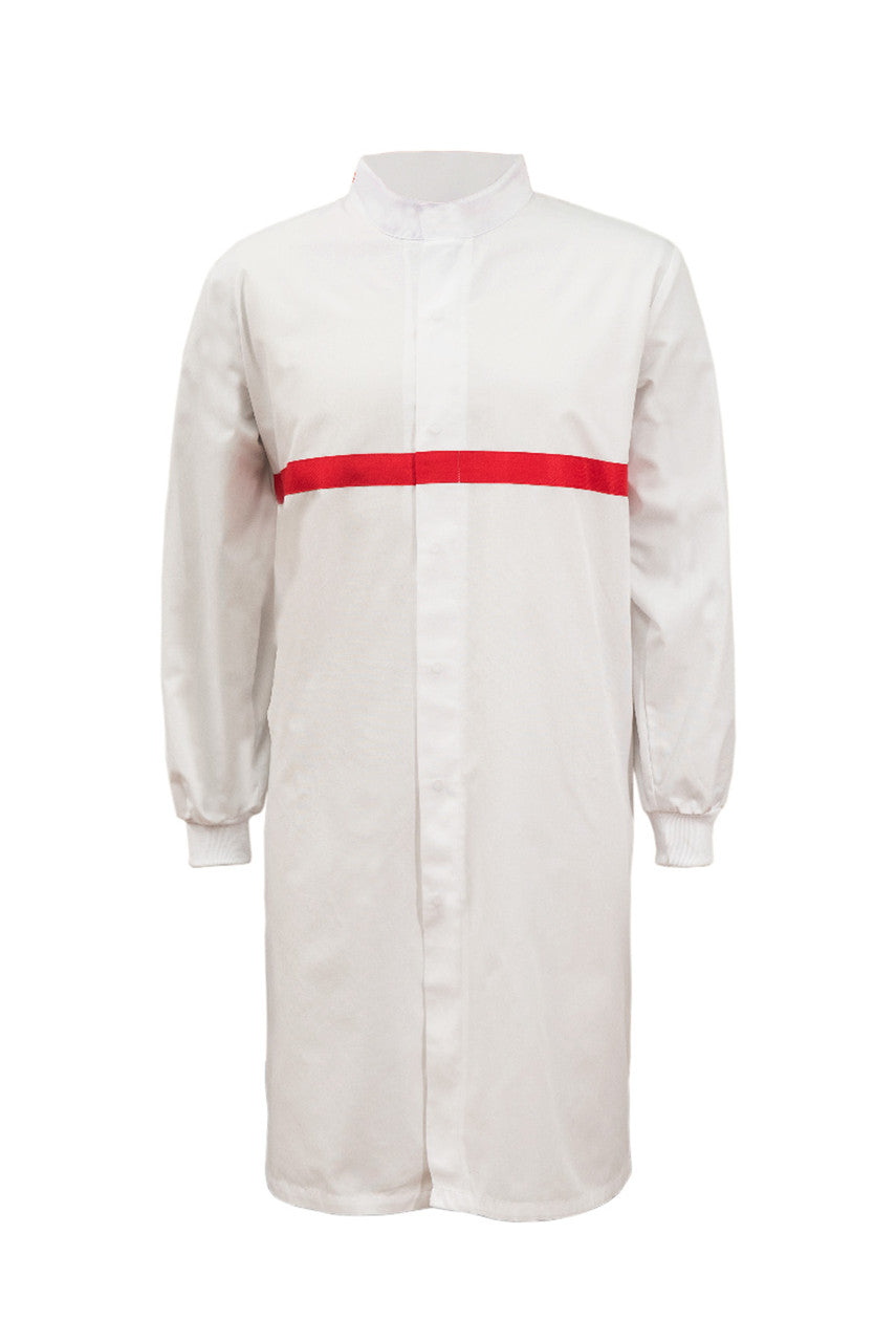 WJ3198 Food Industry Long Length Dustcoat With Mandarin Collar, Contrast Trims On Chest