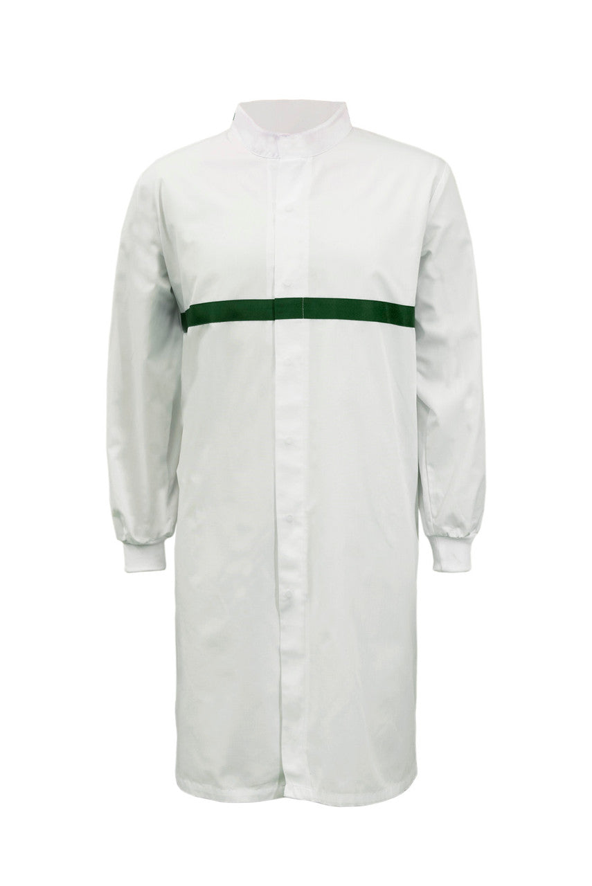 WJ3198 Food Industry Long Length Dustcoat With Mandarin Collar, Contrast Trims On Chest