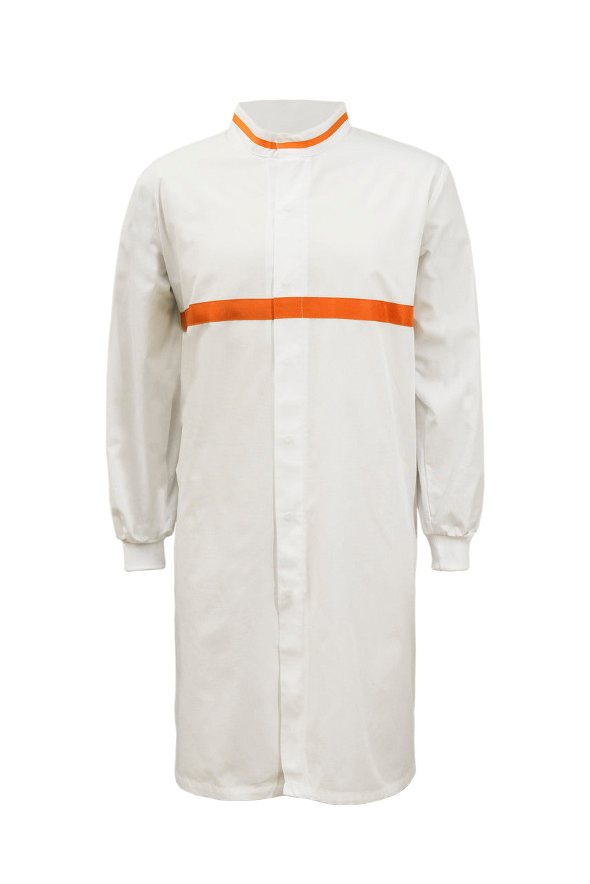 WJ3197 Food Industry Long Length Dustcoat With Mandarin Collar, Contrast Trims On Collar And Chest, Long Sleeve With Cuff