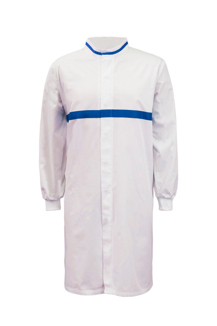 WJ3197 Food Industry Long Length Dustcoat With Mandarin Collar, Contrast Trims On Collar And Chest, Long Sleeve With Cuff
