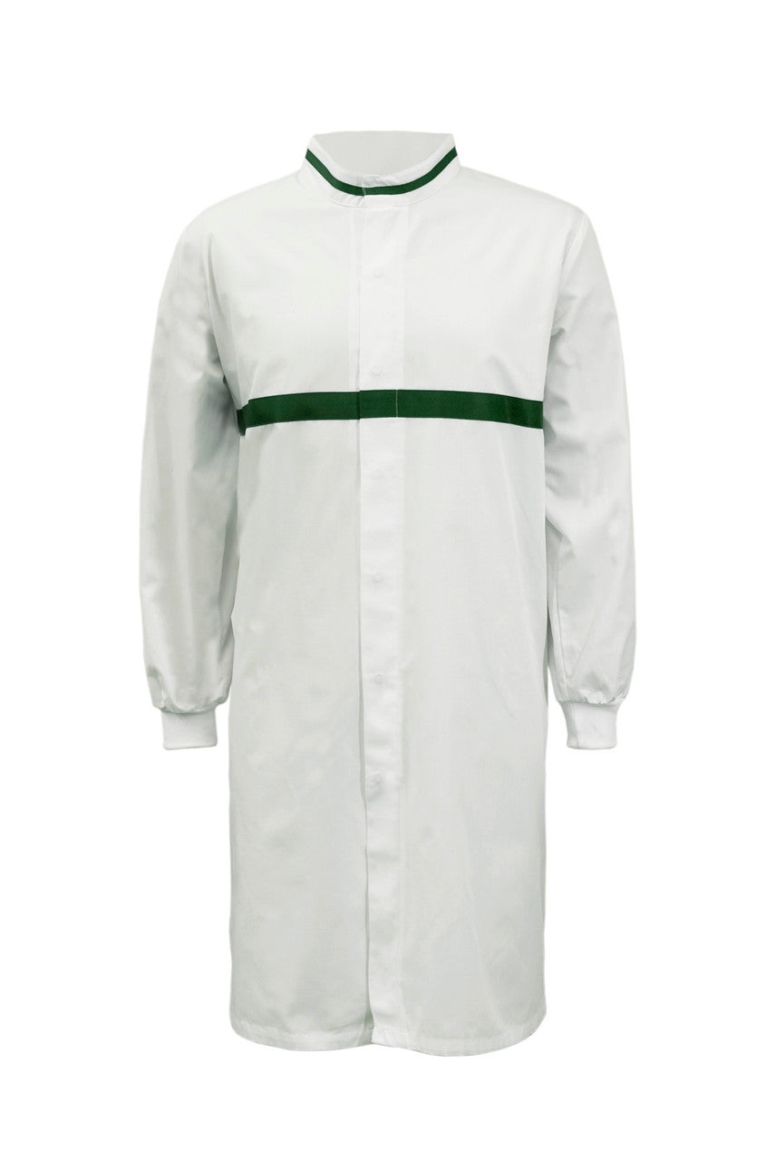 WJ3197 Food Industry Long Length Dustcoat With Mandarin Collar, Contrast Trims On Collar And Chest, Long Sleeve With Cuff
