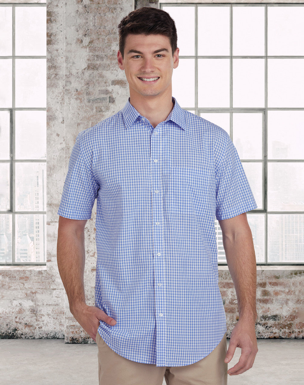 M7300S Men’s Gingham Check Short Sleeve Shirt