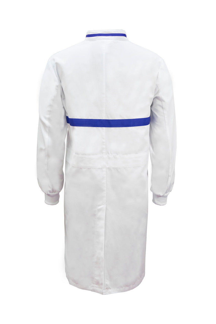 WJ3197 Food Industry Long Length Dustcoat With Mandarin Collar, Contrast Trims On Collar And Chest, Long Sleeve With Cuff