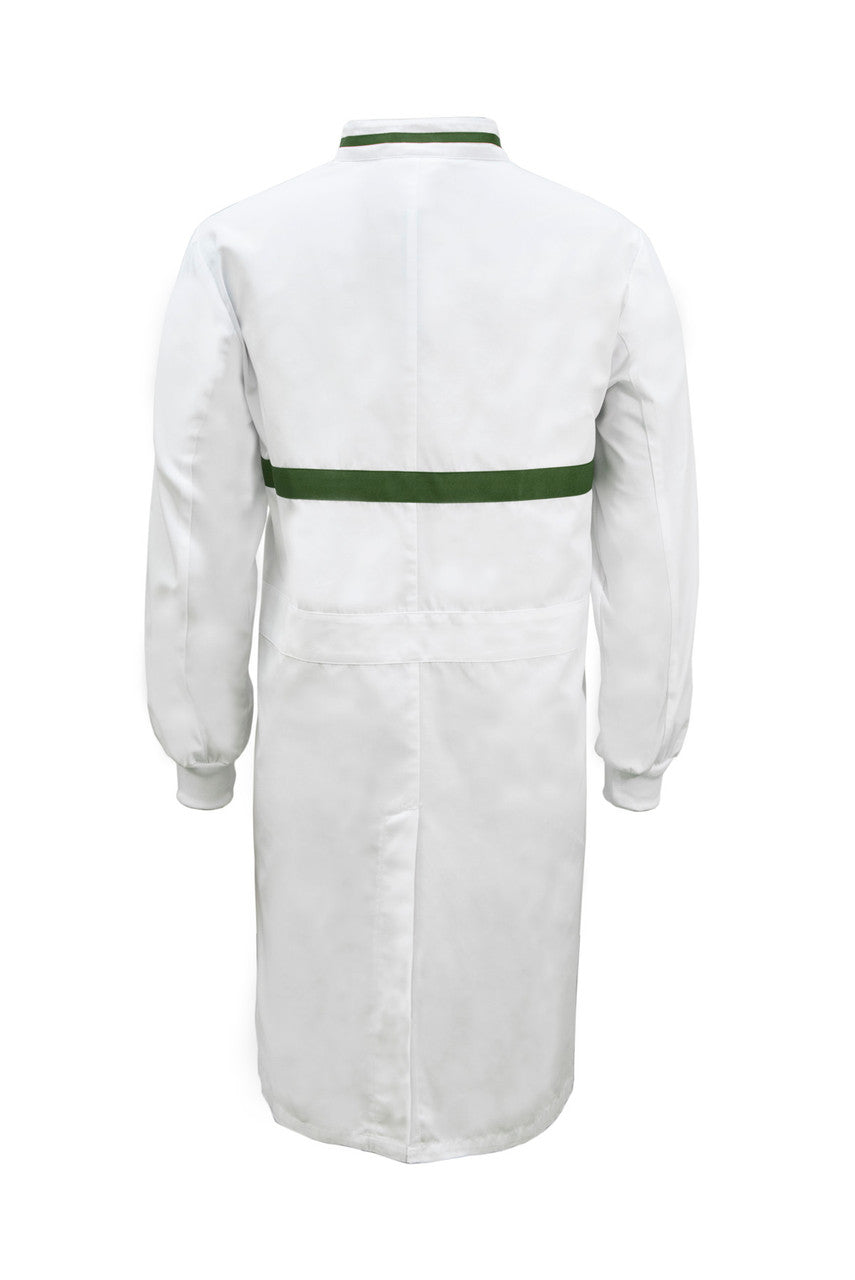 WJ3197 Food Industry Long Length Dustcoat With Mandarin Collar, Contrast Trims On Collar And Chest, Long Sleeve With Cuff