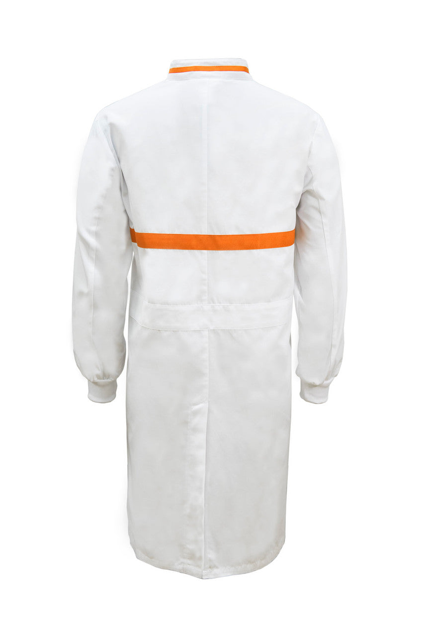 WJ3197 Food Industry Long Length Dustcoat With Mandarin Collar, Contrast Trims On Collar And Chest, Long Sleeve With Cuff