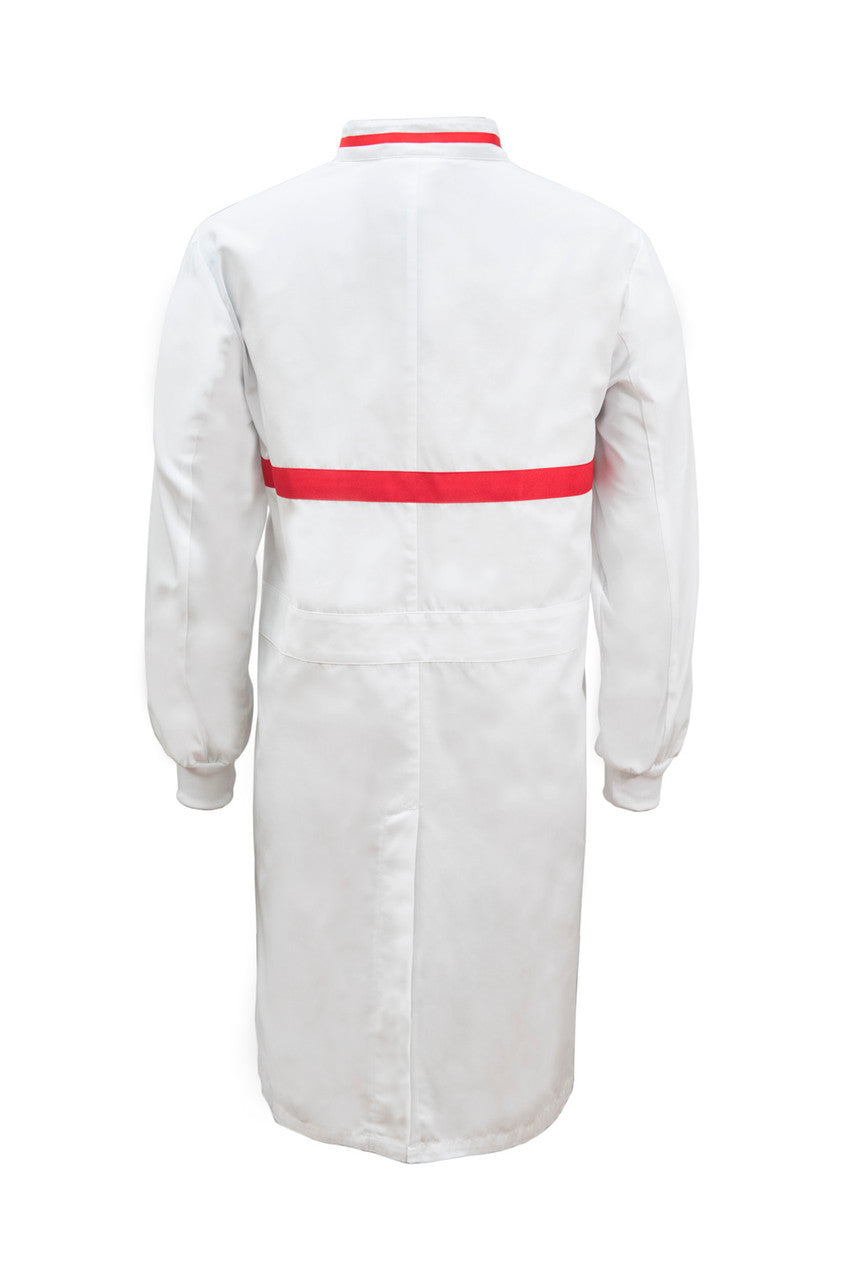 WJ3197 Food Industry Long Length Dustcoat With Mandarin Collar, Contrast Trims On Collar And Chest, Long Sleeve With Cuff