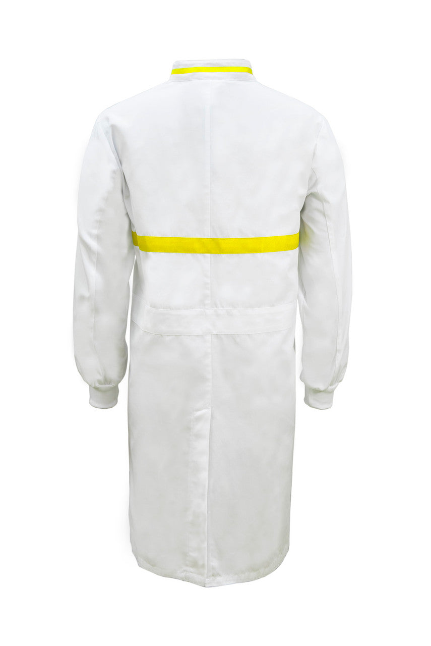 WJ3197 Food Industry Long Length Dustcoat With Mandarin Collar, Contrast Trims On Collar And Chest, Long Sleeve With Cuff