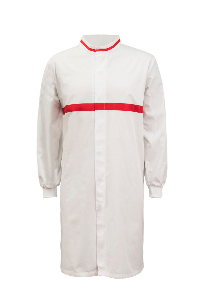 WJ3197 Food Industry Long Length Dustcoat With Mandarin Collar, Contrast Trims On Collar And Chest, Long Sleeve With Cuff