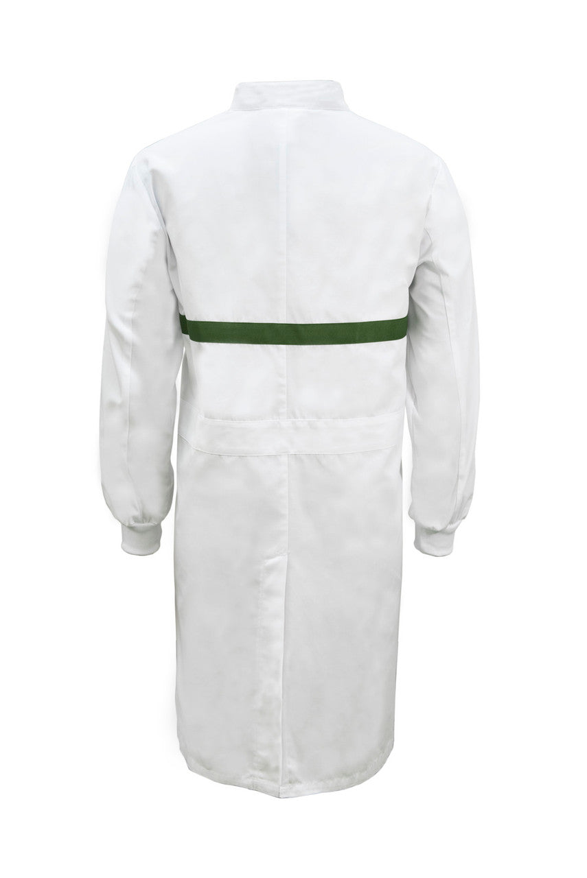 WJ3198 Food Industry Long Length Dustcoat With Mandarin Collar, Contrast Trims On Chest