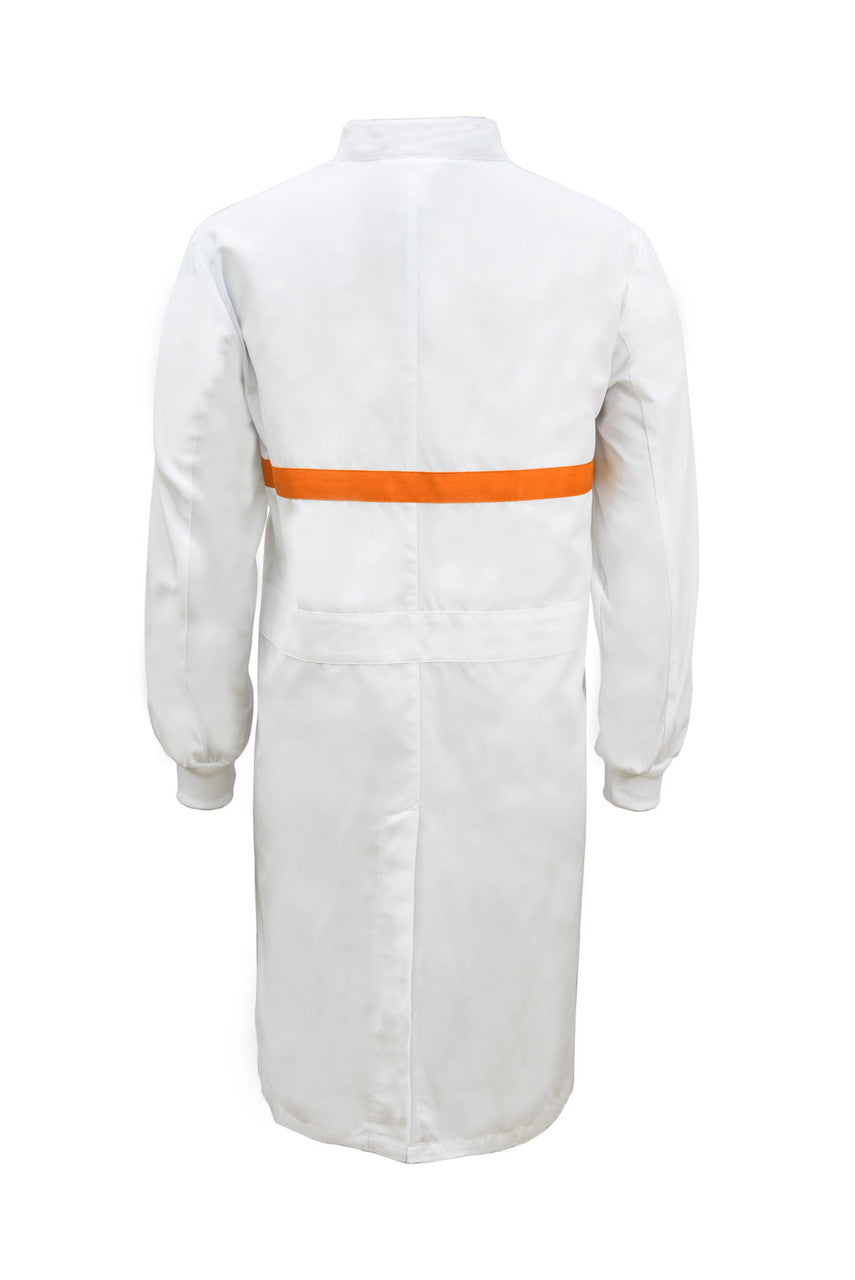 WJ3198 Food Industry Long Length Dustcoat With Mandarin Collar, Contrast Trims On Chest