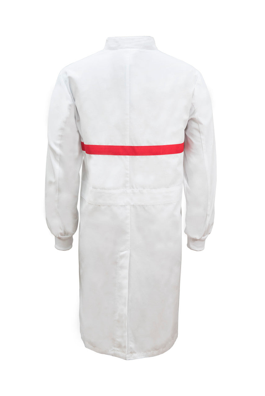 WJ3198 Food Industry Long Length Dustcoat With Mandarin Collar, Contrast Trims On Chest
