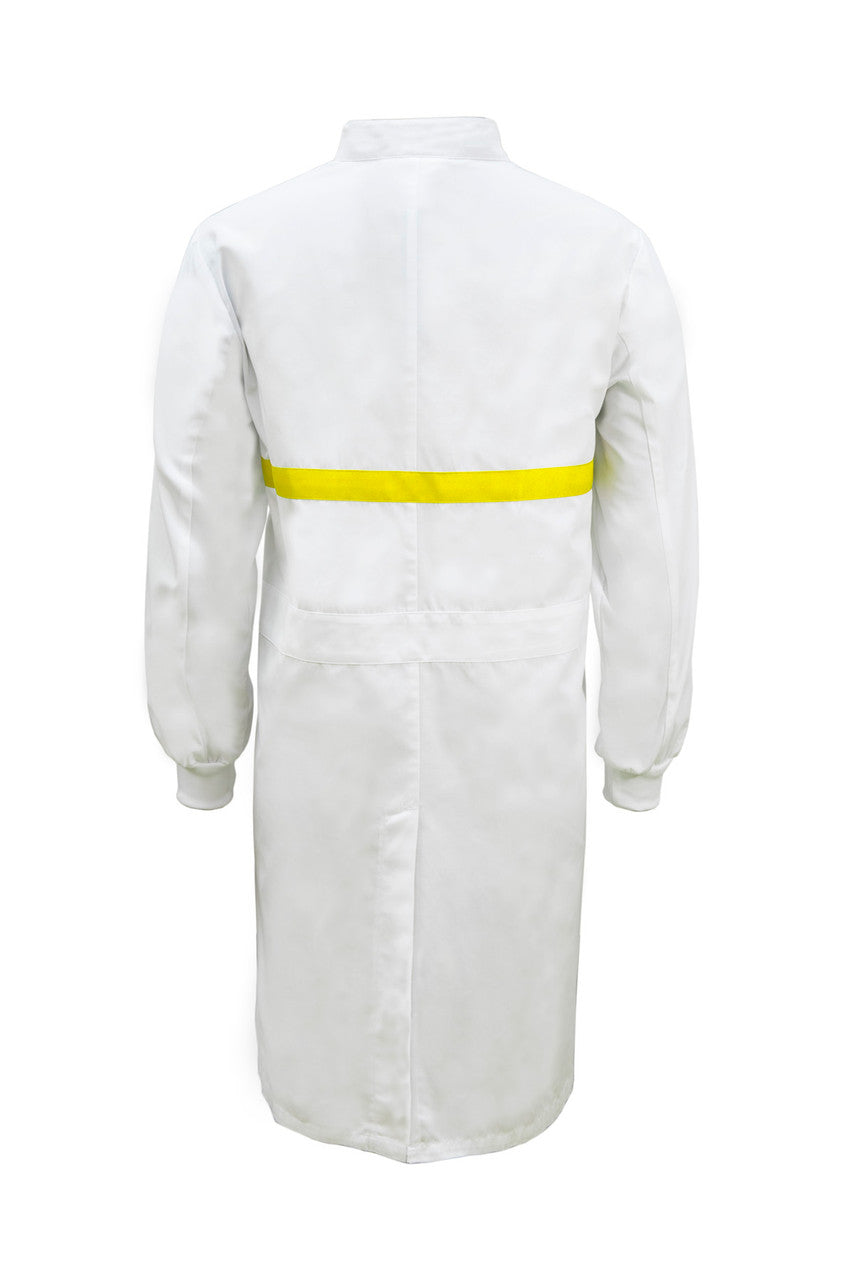 WJ3198 Food Industry Long Length Dustcoat With Mandarin Collar, Contrast Trims On Chest