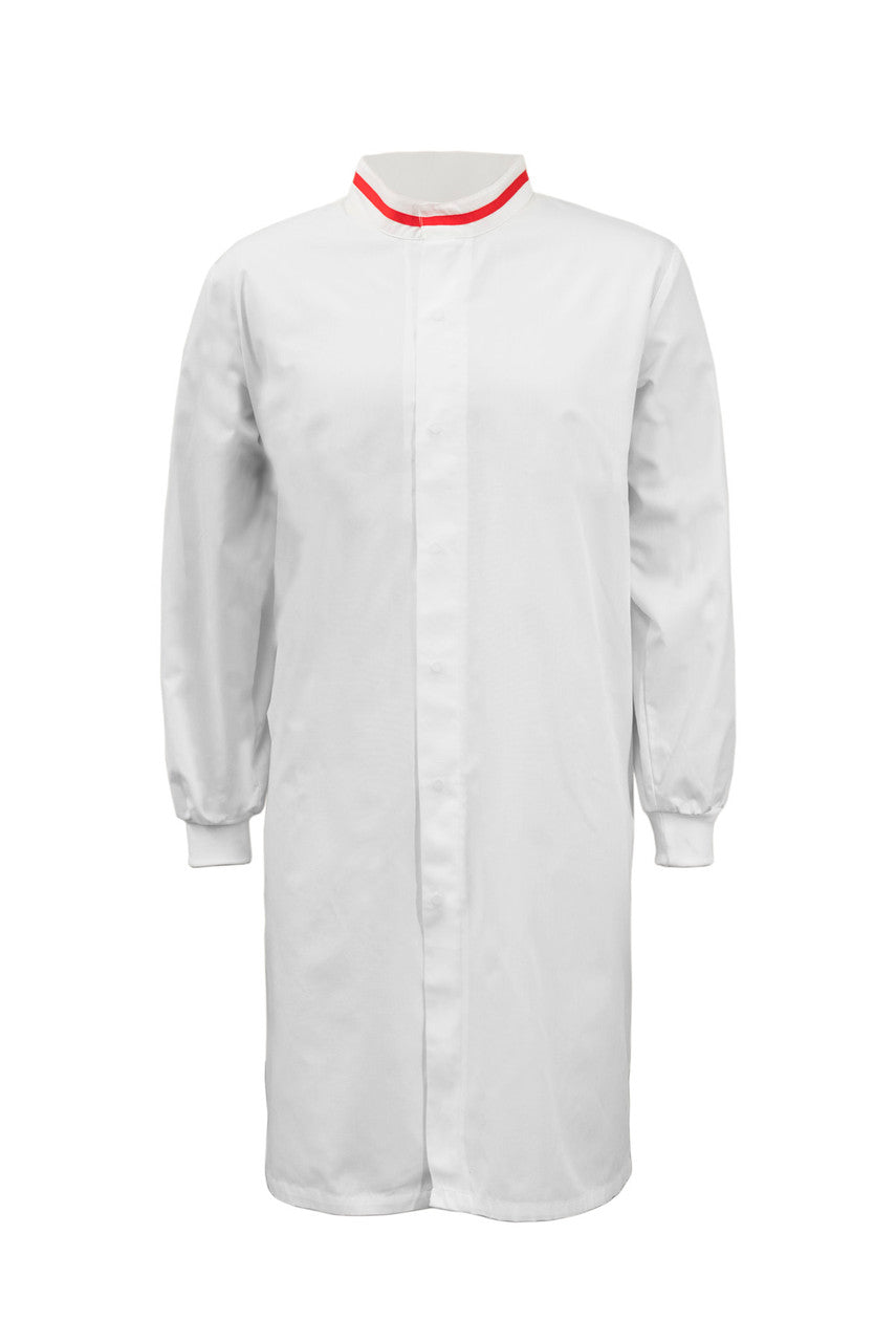 WJ3199 Food Industry Long Length Dustcoat With Mandarin Collar, Contrast Trims On Collar